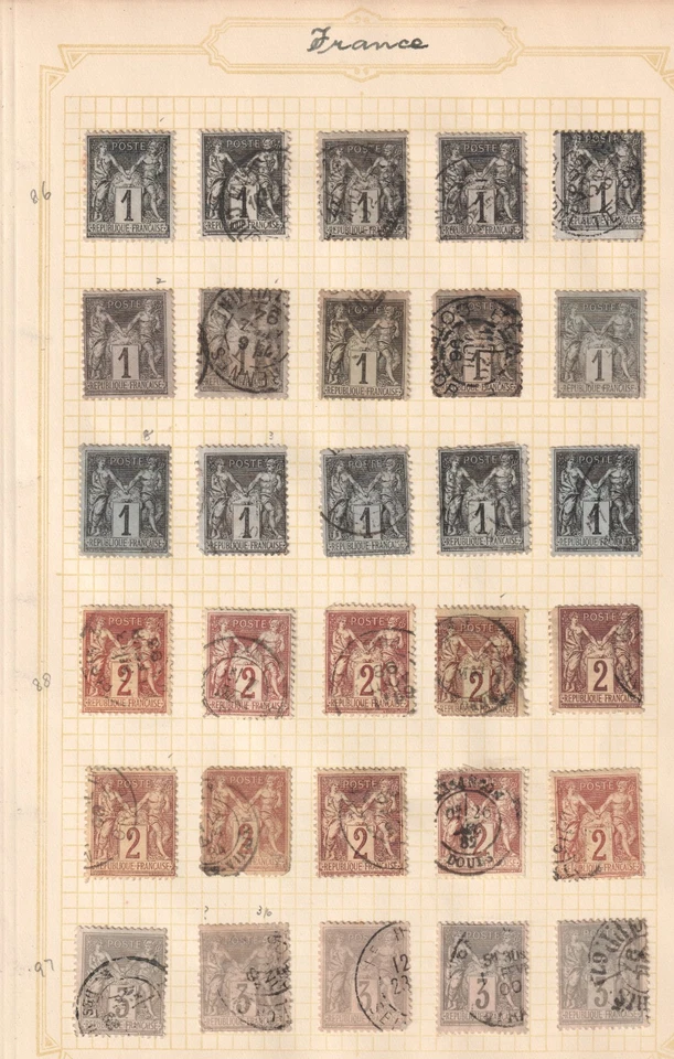 Page of Classic France Stamps 1870-1890 - Peace and Commerce Series - Image 1 of 1
