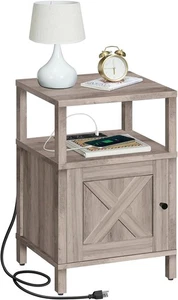 Farmhouse Nightstand with Charging Station, Greige Bedside Table with USB&Type-C - Picture 1 of 8