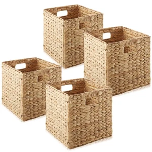 Set of 4 Hyacinth Storage Cubes, 10.5" Wicker Basket Bins for Shelves, Natural - Picture 1 of 7