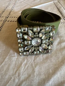 WOMEN'S LINEA PELLE LIGHT Green LEATHER WITH BEJEWELED BUCKLE BELT SIZE S - Picture 1 of 18