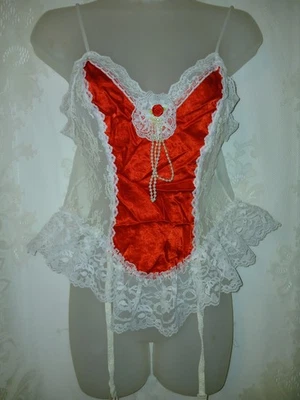 Lencería de peluche vintage años 80 Nan flor roja satinada blanca con volantes encaje ligas M  Foto 1 de 4