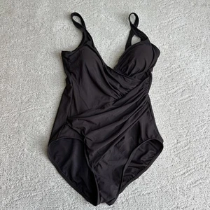 Women’s Miracle Suit Size 14 Brown One Piece Bathing Suit Cross Cross Rouched - Picture 1 of 6