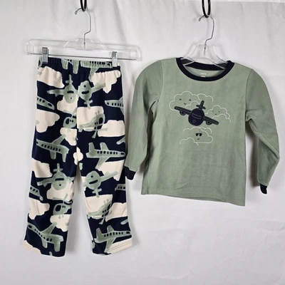 Carter's Pajama Set Boy's 6 / 6A Green Blue White Airplane Theme Fleece Soft - Image 1 of 4