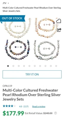 JTV ¡NUEVO! 4! ¡CUATRO! CONJUNTOS DE 3 PERLAS CFP PAVO REAL, ROSA, BLANCO, GRIS COLLAR BR OREJA Foto 1 de 4