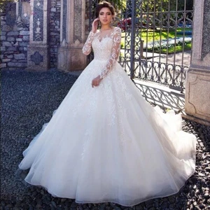 Romantic White/Ivory Applique Lace Wedding Dress Long Sleeve Garden Bridal Gown - Picture 1 of 8