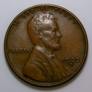 ~COBRE AMERICANO VINTAGE~ 1933-D Lincoln Wheat Penny Un Centavo EE. UU. 1c XF i454 - Imagen 1 de 2