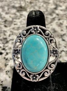 Turquoise (Simulated) Oval Fashion Silvertone Stretch Ring - Picture 1 of 4