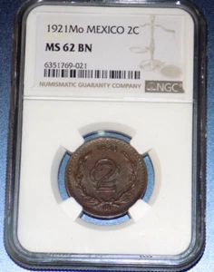 Mexico 2 Centavos 1921 Mo NGC MS 62 BN 2C Mexican UNC COIN - Picture 1 of 4