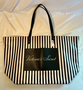 Victoria’s Secret Black& Cream Pink Stripe Signature Weekender Tote Bag MSRP $58 - Picture 1 of 14