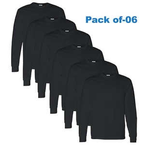 Gildan - Long Sleeve T-Shirt 6 Pack 100% Heavy cotton Crew Neck Black Color Tee - Picture 1 of 5
