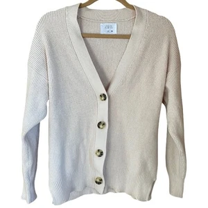 ZARA girls’ ribbed knit button down cream v-neck cardigan size 13-14 - Picture 1 of 7