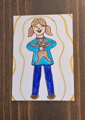 Pintura em aquarela desenho animado original menina e seu gato ACEO - Imagem 1 de 3