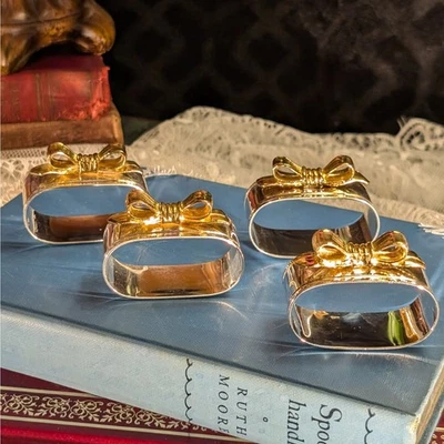 Set of 4 Elegant Silver Plated Oval Napkin Rings w/ Gold Plated Bows-Great Gift! - Image 1 of 4