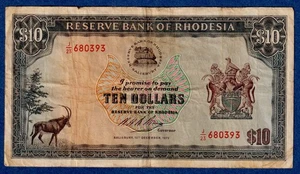 Rhodesia $10 1973  P-33e (20th Nov 1973) , Circulated Banknote J/23 680393 - Picture 1 of 4