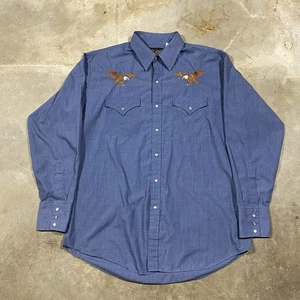 Plains Western Wear Eagle Embroidered Snap Shirt Blue Pearl Snap Cowboy L  - Picture 1 of 7