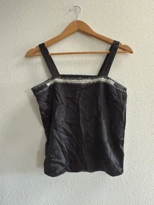 Vintage Harold’s Cropped Silk Tank Women's 2 Sequin Floral Black Blouse  - Picture 1 of 11