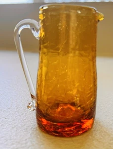 Vintage Amber Crackle Glass Mini Pitcher Vase Mid Century Kanawha W Virginia Art - Picture 1 of 9