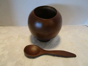 MCM Hellerware 2 Teile Set Holz Nuss Bonboniere Schüssel Kugel & Löffel 5,75" T 196-70er Jahre - Bild 1 von 6