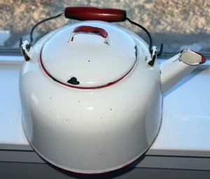 Vintage White Enamelware Red Trimmed Tea Pot With Lid Wood/Metal Handle - Picture 1 of 13