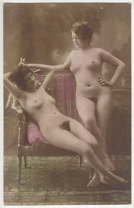 1910 French NUDE Photograph - Full Frontal Youthful Beauties, Bush, Hand Colored - Picture 1 of 2