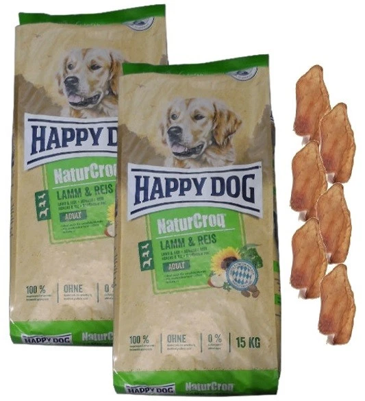 2x15kg Happy Dog  Naturcroq Adult Lamm&Reis  Hundefutter +  6 x Kaninchenohren - Bild 1 von 1