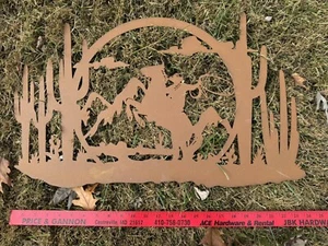 Rustic Metal Sign Cowboy On Horseback Cactus Western - Bild 1 von 2