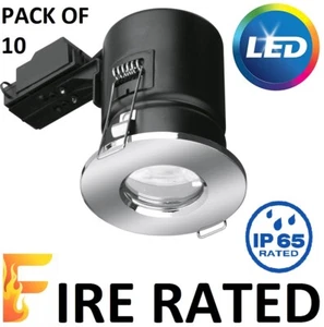 10x LED FIRE RATED GU10 - IP65 DOWN LIGHT SPOT LIGHT FLUSH BATHROOM CHROME 240V - Picture 1 of 12