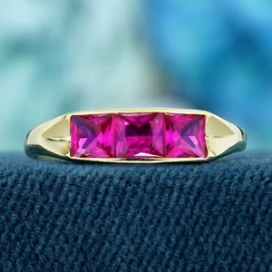 9K Yellow Gold Natural Square Ruby Vintage Style Three Stone Ring - Picture 1 of 8