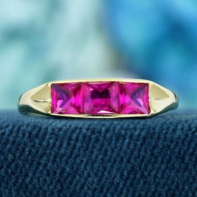 9K Yellow Gold Natural Square Ruby Vintage Style Three Stone Ring - Image 1 of 4