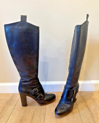 Botas hasta la rodilla negras de cuero granulado L'Autre Chosen para mujer talla 8 hebillas de moto Foto 1 de 4