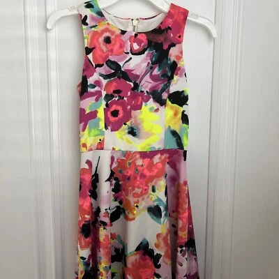 Vestido Aqua Niñas Neón y Rosa Acuarela Floral Sin Mangas Cremallera Trasera Mediano Foto 1 de 4