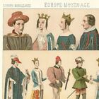 Europe Moyen-Age - Costumes civils noblesse Française  - Gravure de presse 1888