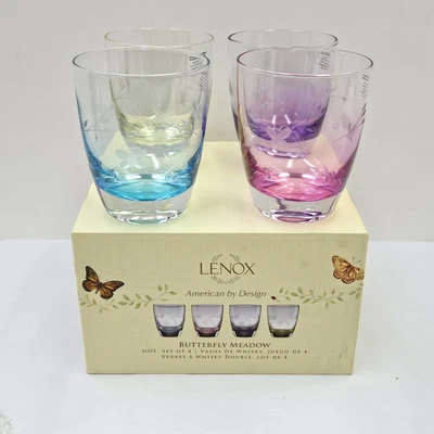 Rare Lenox Butterfly Meadow Glass Whiskey Old Fashioned Set Tumbler Set of 4 DOF - Image 1 of 4