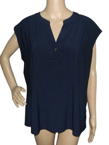 Anne Klein Blouse Womens Large solid dark navy blue v-neck pullover cap sleeve - Picture 1 of 9