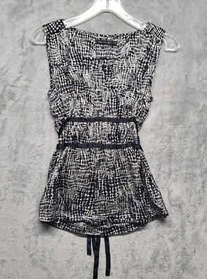 Ограниченный женщин черный кремовый печать без рукавов Топ блузка 100% шелк v-образным вырезом - Изображение 1 из 4