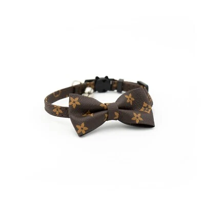 Brown Designer Cat Collar Breakaway - Bow tie Removable Kitten Bell LV Leather - Image 1 of 4