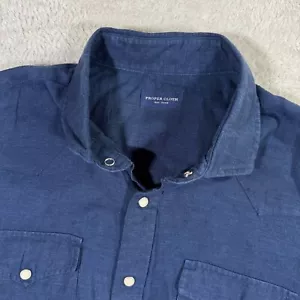 Proper Cloth Shirt Mens 16.5 Blue Linen Short Arms Double Pocket Pearl Snap EUC - Picture 1 of 8