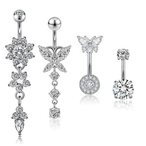 4PC 14G Surgical Steel Belly Button Rings for Women CZ Navel Ring Dangle Barbell - Picture 1 of 14
