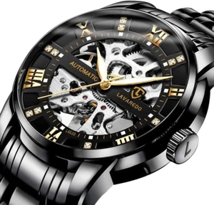 Mens Watch Skeleton Luxury Mechanical Stainless Steel Waterproof Black Automatic - Picture 1 of 8