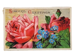 Antique 1913 Sincere Greetings Roses Forget Me Not Flowers Postcard Cancel Stamp - Picture 1 of 4