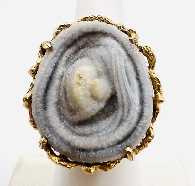 Anillo de cóctel grande vintage de ágata druzy pepita de oro amarillo macizo de 14k Foto 1 de 4