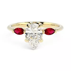 Pear Lab Grown Diamond and Marquise Natural Ruby Three Stone Ring 18k Gold - Picture 1 of 7