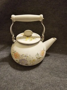 Vtg Temptation Gailstyn-Sutton Tea Pot Kettle, White Enamel With Flowers, 1984 - Picture 1 of 6