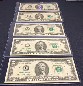 Sequential 2017A-L-FW 2 $ Bills, 5x5 Note Set with a Five of a Kind, Fancy Serial - Bild 1 von 5