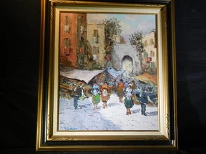 Vintage Original Öl auf Leinwand bunte Straßenszene Künstler signiert gerahmt - Bild 1 von 16
