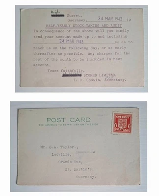 1943 Guernsey occupation stamp on postal card see details - Image 1 of 3