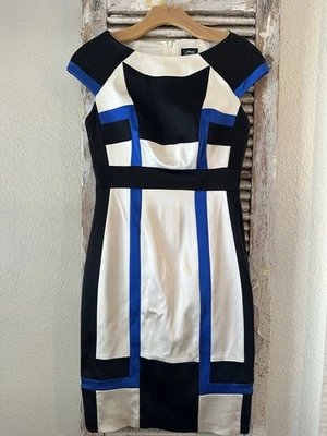 Vestido A5 Jax Negro Marfil Azul Geométrico Cóctel Fiesta Carrera Para Mujer Talla 4 Usado en Excelente Condición Foto 1 de 4