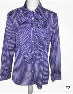 Ralph Lauren LR Size Small Classy Ruffle Purple Stripe Career Women Butt Blouse - Picture 1 of 5