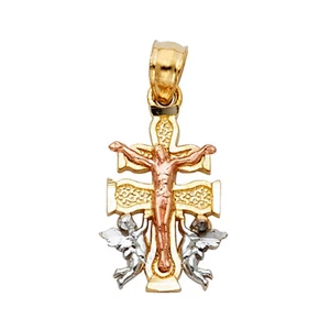 14K Tri Color Gold Jesus Crucifix Cross with Angel Religious Pendant For Chain - Picture 1 of 4