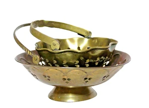 Vintage Brass Footed Basket Bowls with Handle Cut-Out Design Set 2 - Picture 1 of 11